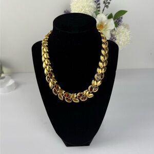 Vintage Swarovski Swan Logo Gold Leaf Necklace • Amber Ombre Crystals